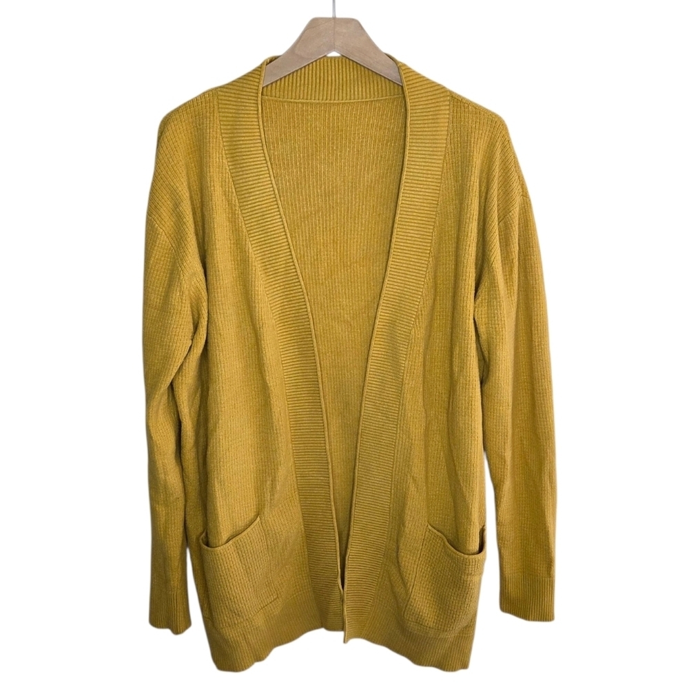 Mustard Yellow Waffle & Ribbed Textured Open Front Cardigan Sweater Size Large